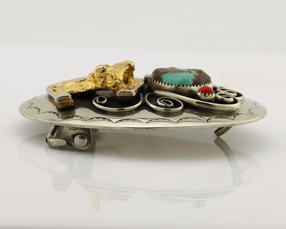 Navajo Eagle Head Belt Buckle .999 Nickle Turquoise & Coral Native Artist C80s