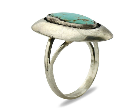 Navajo Shadow Box Ring .925 Silver Kingman Turquoise Signed M Montoya C80s