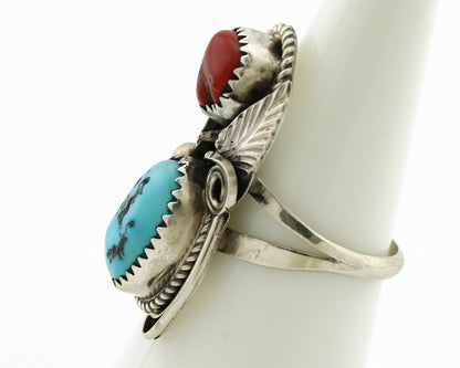 Navajo Ring .925 Silver Turquoise & Coral Artist Signed J Morris C.80's