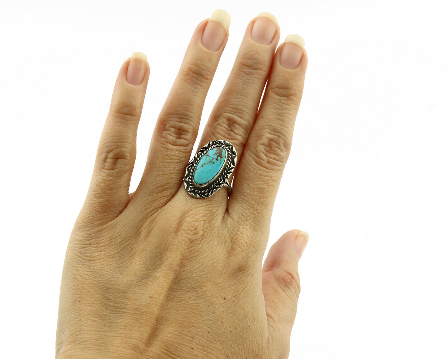Navajo Ring .925 Silver Kingman Turquoise Native American Artist C.1980's