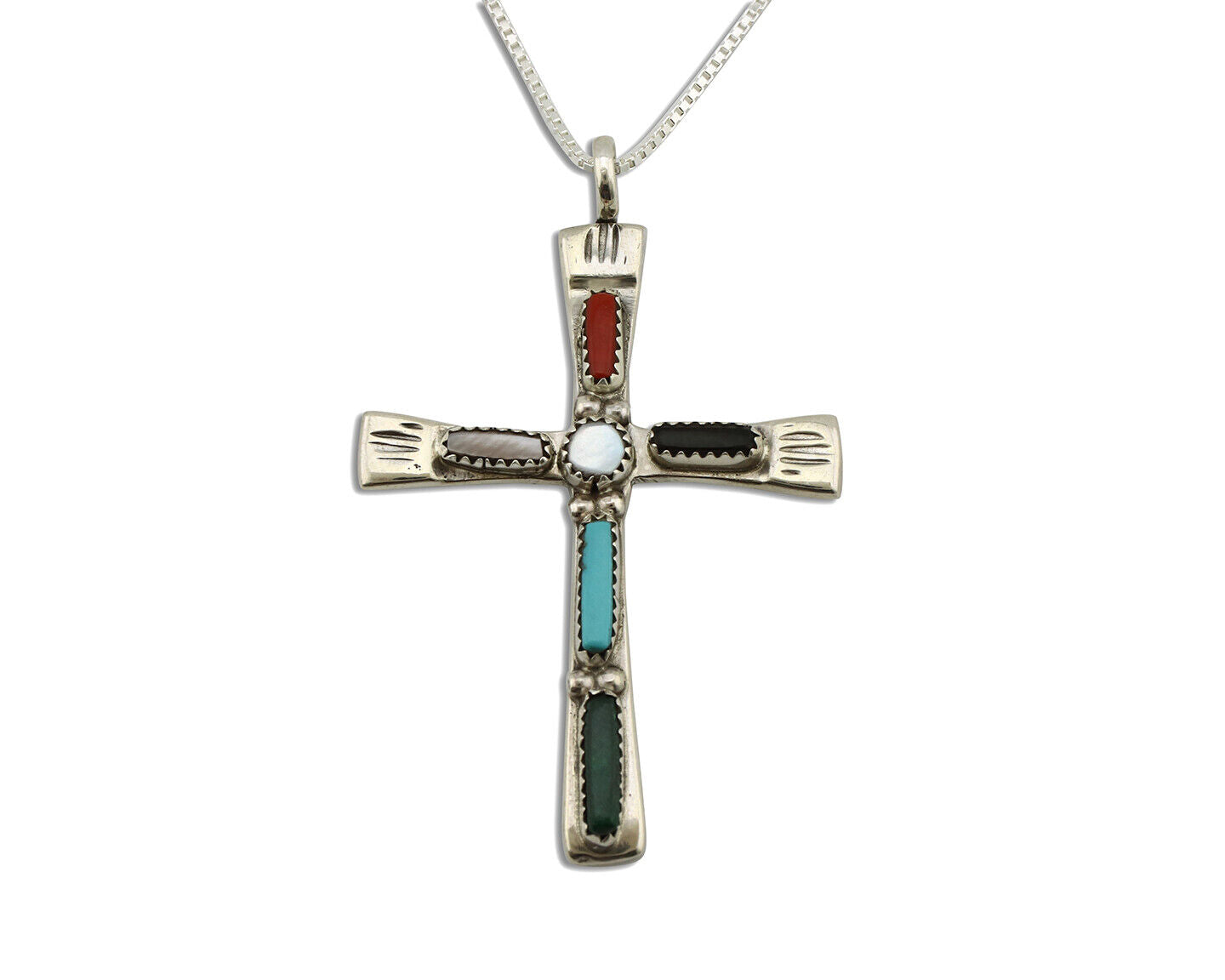 Zuni Handmade Cross Necklace 925 Silver Natural Gemstone Signed C. IULE C.80's
