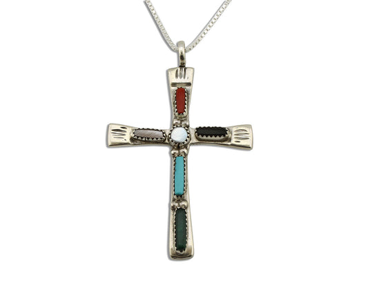 Zuni Handmade Cross Necklace 925 Silver Natural Gemstone Signed C. IULE C.80's