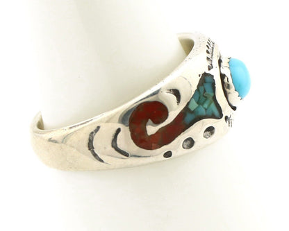 Navajo Inlay Band Ring 925 Silver Turquoise & Coral Native Artist C.80's