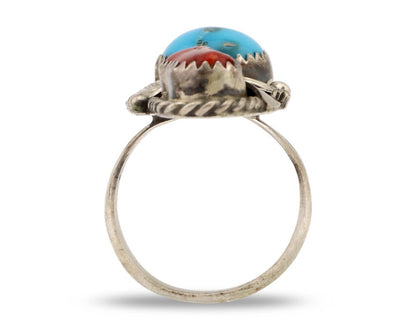 Navajo Ring 925 Silver Blue Turquiose & Coral Artist Signed Justin Morris C.80's