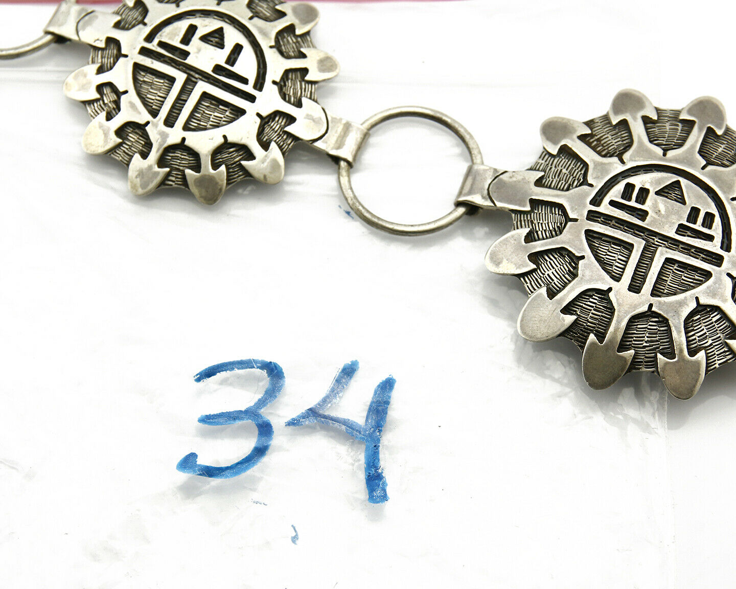 Navajo Concho Belt .925 Silver Handmade Hand Stamped Tiwa Sun C.80's