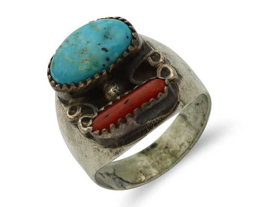Navajo Ring 925 Silver Blue Turquiose & Mediterranean Coral Native Artist C.80's