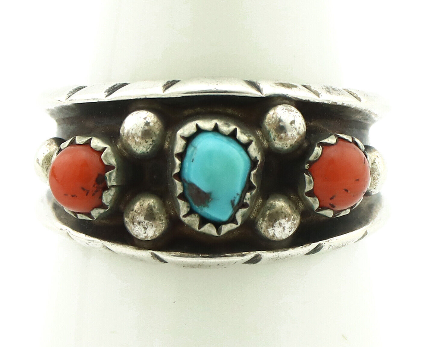 Navajo Ring 925 Silver Coral & Sleeping Beauty Turquoise Native Artist C.70's
