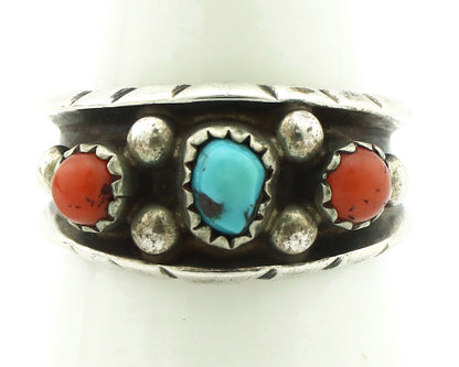 Navajo Ring 925 Silver Coral & Sleeping Beauty Turquoise Native Artist C.70's