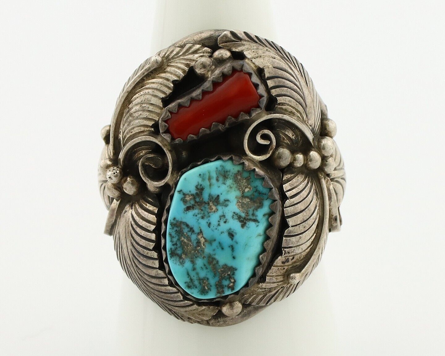Navajo Ring 925 Silver Blue Turquiose & Mediterranean Coral Native Artist C.80's