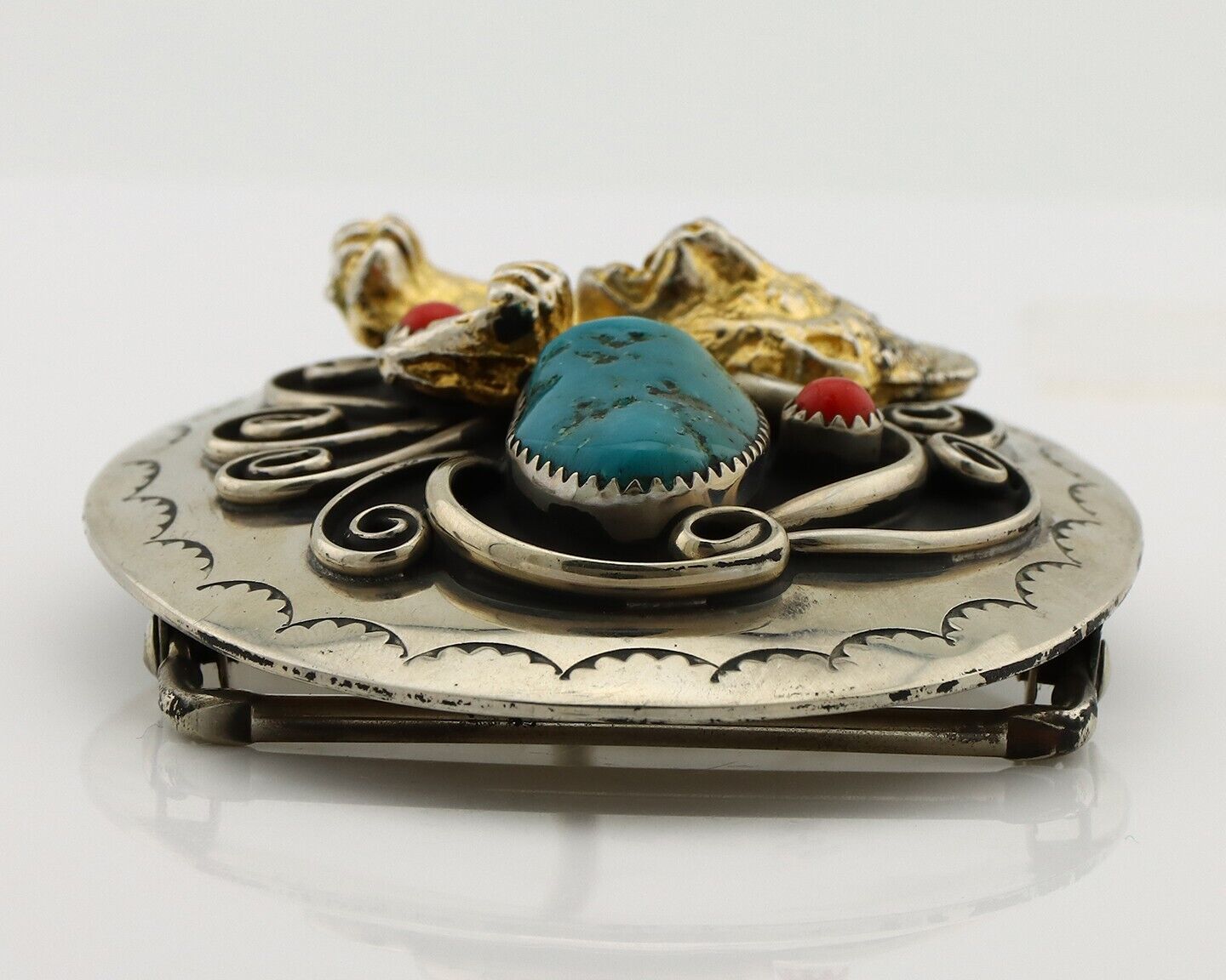 Navajo Eagle Head Belt Buckle .999 Nickle Turquoise & Coral Native Artist C80s