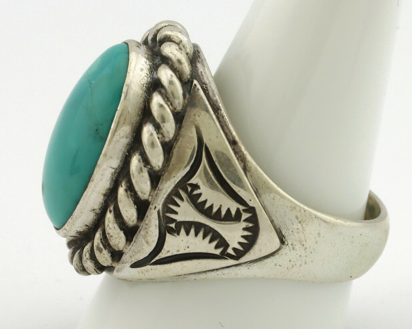 Navajo Ring .925 Silver Green Turquoise Artist Signed Apache Manufacturing C80s