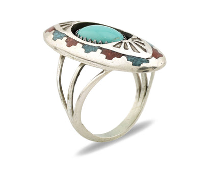 Navajo Ring 925 Silver Turquoise & Coral Signed Circle JW C.80s