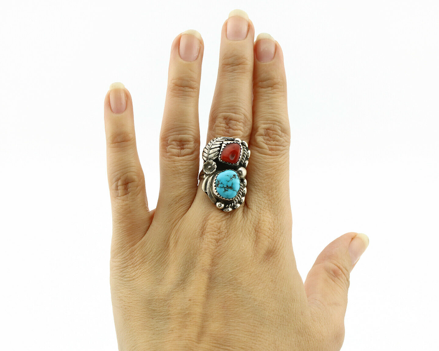 Navajo Ring .925 Silver Turquoise & Coral Artist Signed Thomas Singer C.80's