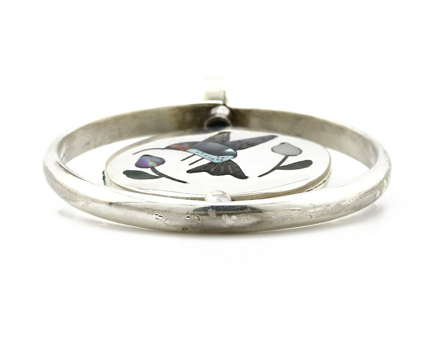 Navajo Bird Spinner Pendant .925 Siller Inlaid Gemstone Signed Baylor C.80's