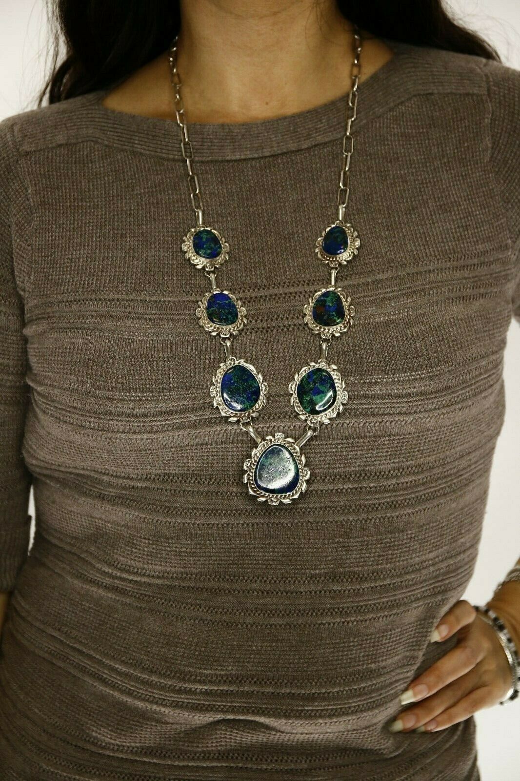 Navajo Azurite Necklace .925 Silver Signed Artist Billie Eagle C.80's
