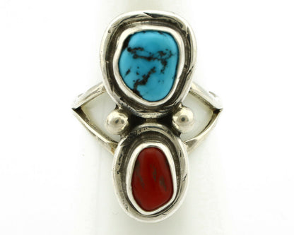 Navajo Ring .925 Silver Red Coral & Blue Turquoise Native Artist C.80's