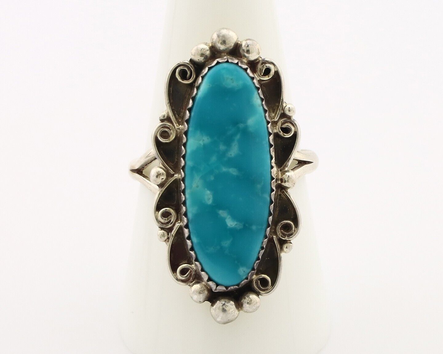 Navajo Ring 925 Silver Blue Gem Turquoise Artist Signed TALHAT C.80's