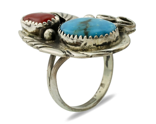 Navajo Ring 925 Silver Turquoise & Coral Artist Signed Native American C.80s