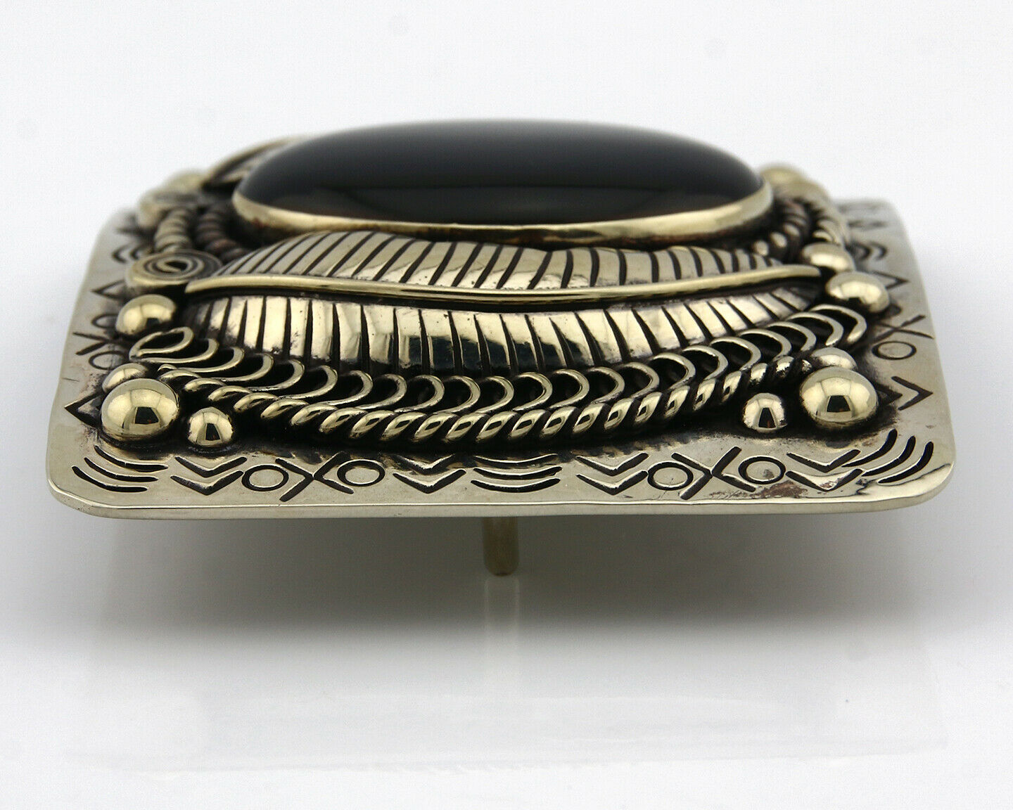 Navajo Handmade Belt Buckle .999 Nickle Silver Onyx Artist Signed Tipi C.80's