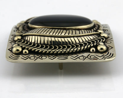 Navajo Handmade Belt Buckle .999 Nickle Silver Onyx Artist Signed Tipi C.80's