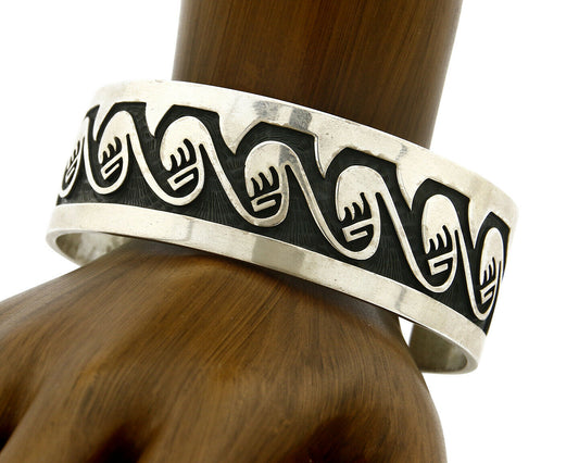 Hopi Bracelet .925 Silver Handmade Overlay Pattern Cuff Signed Rain Cloud