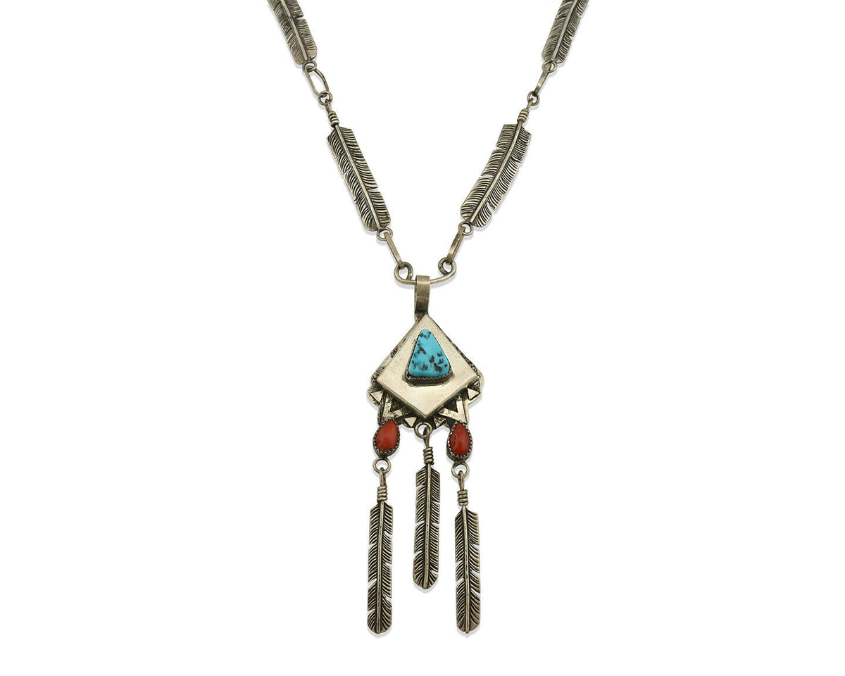Navajo Necklace .925 Silver Red Coral & Turquoise Signed G C.1977