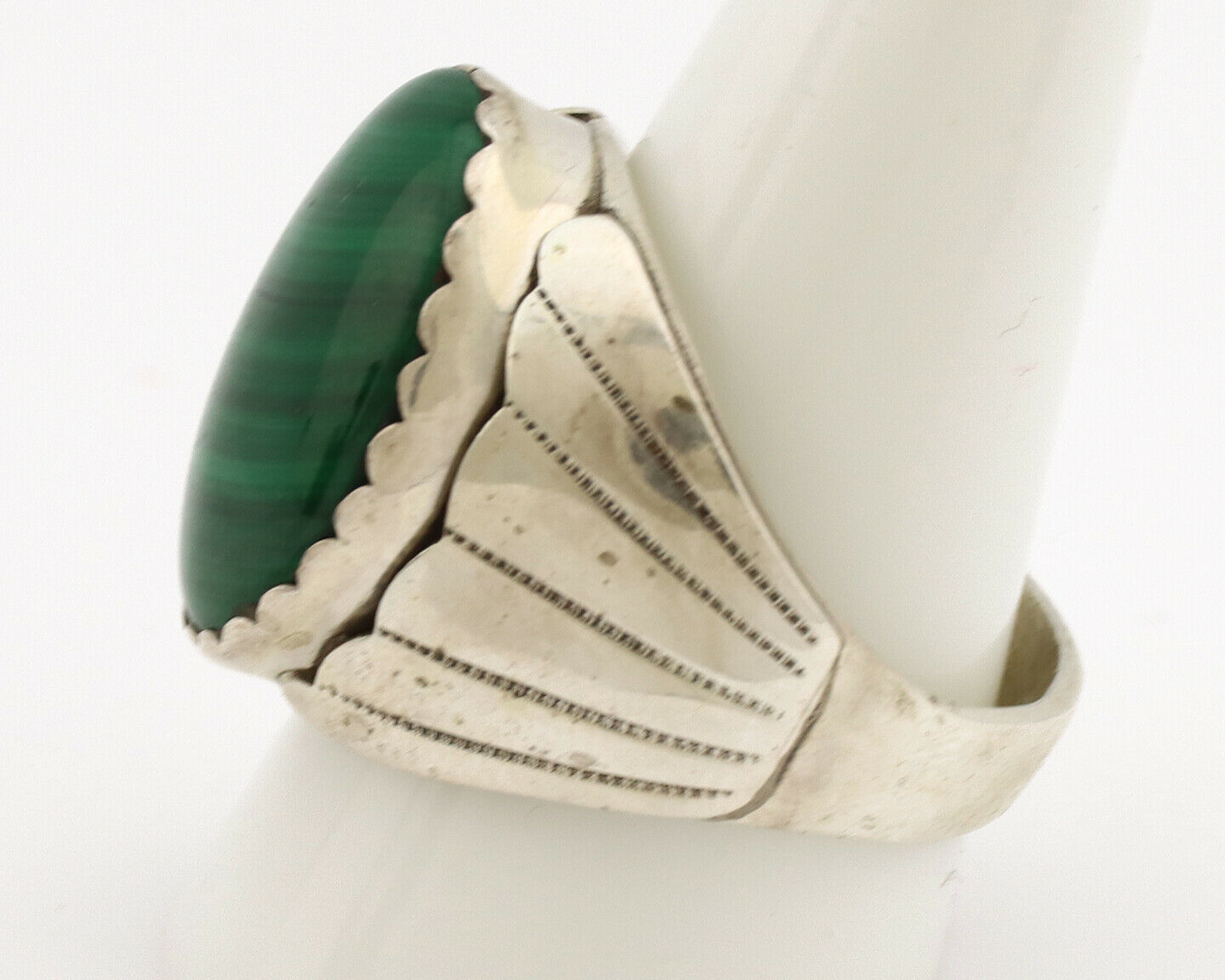 Navajo Ring .925 Silver Natural Green Malachite Artist Signed DL C.1980's