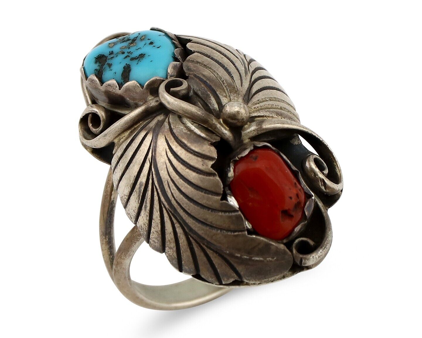 Navajo Handmade Ring 925 Silver Turquiose & Coral Artist Signed E C.80's