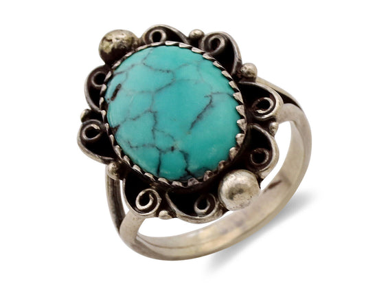Navajo Ring .925 Silver Spiderweb Turquoise Artist Signed TALHAT C.80's