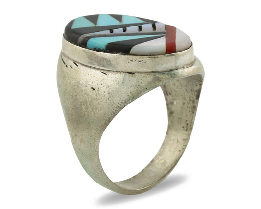 Zuni Inlaid Ring .925 Silver Gemstone Artist Native American C.1980's