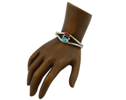 Navajo Bracelet .925 Silver Coral & Turquoise Artist Native American Artist C.90