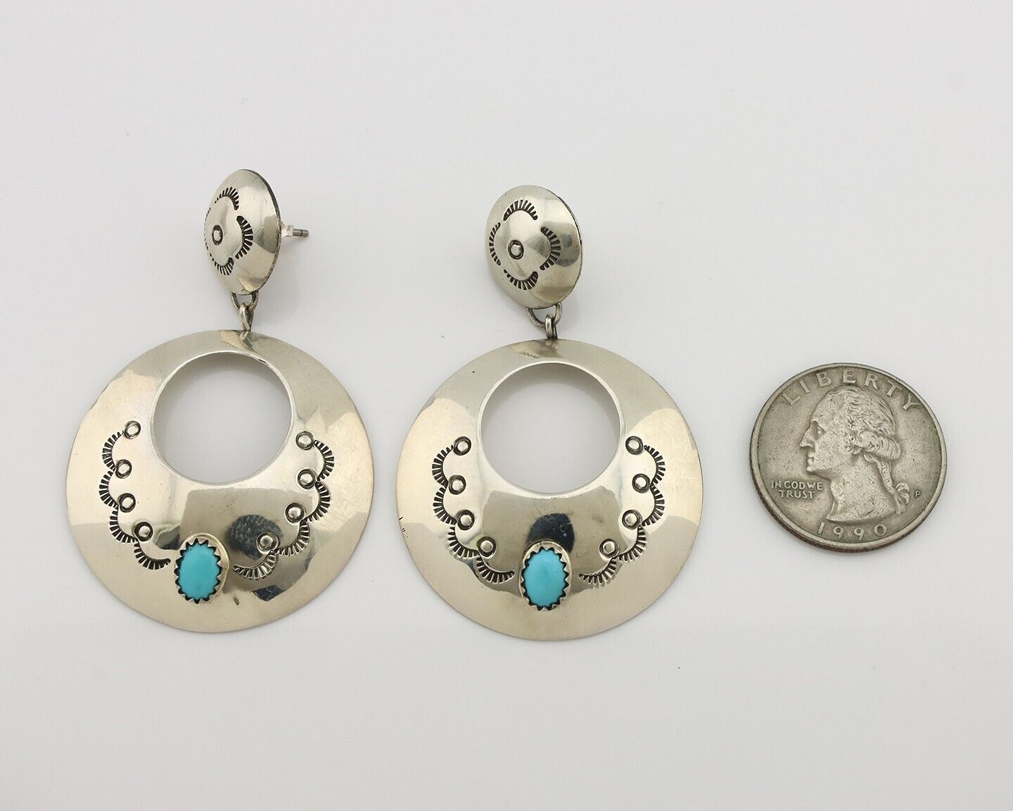 Navajo Handmade Earrings 925 Silver Blue Turquoise Signed Vera Jane C.80's