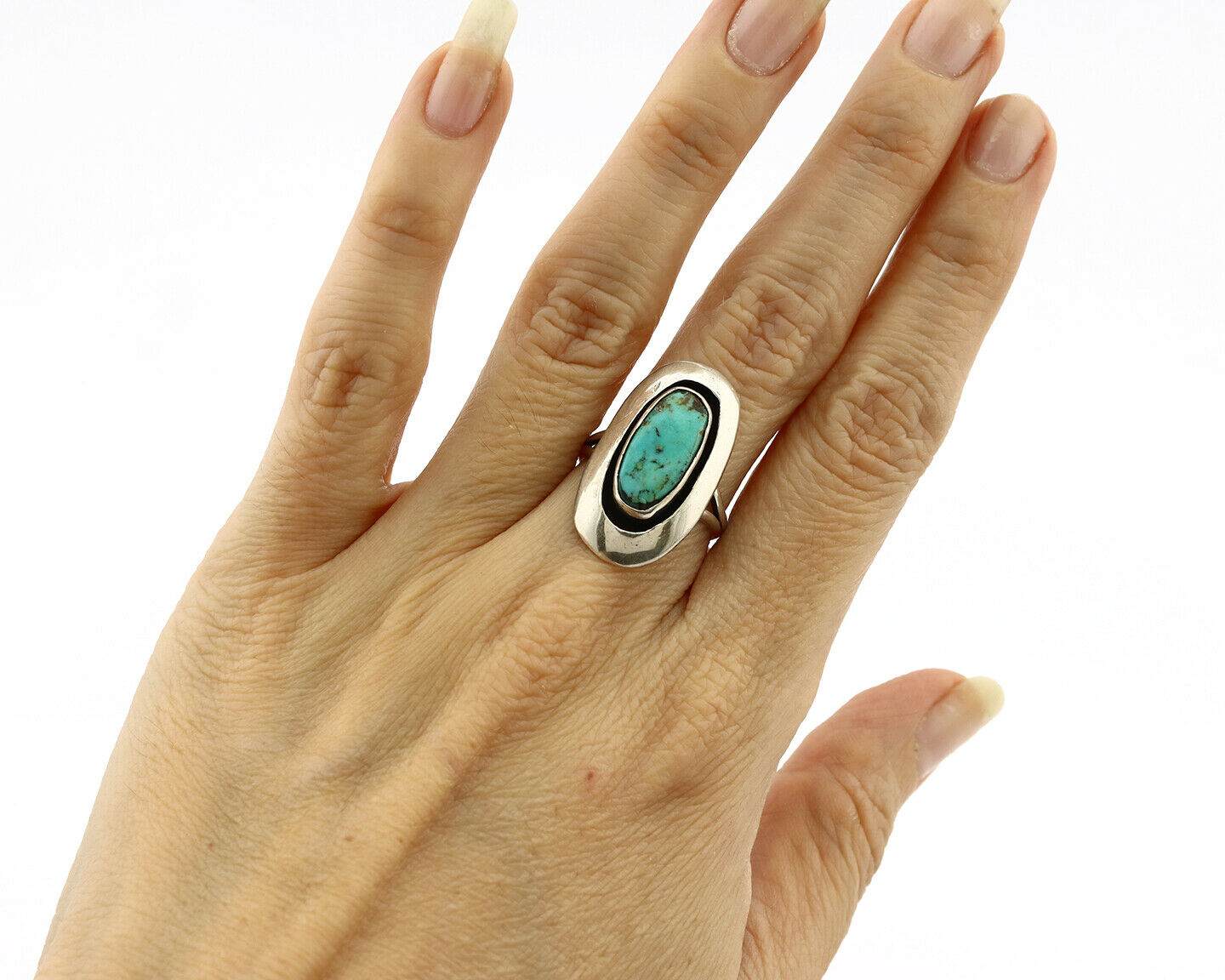 Navajo Shadow Box Ring .925 Silver Kingman Turquoise Signed M Montoya C80s