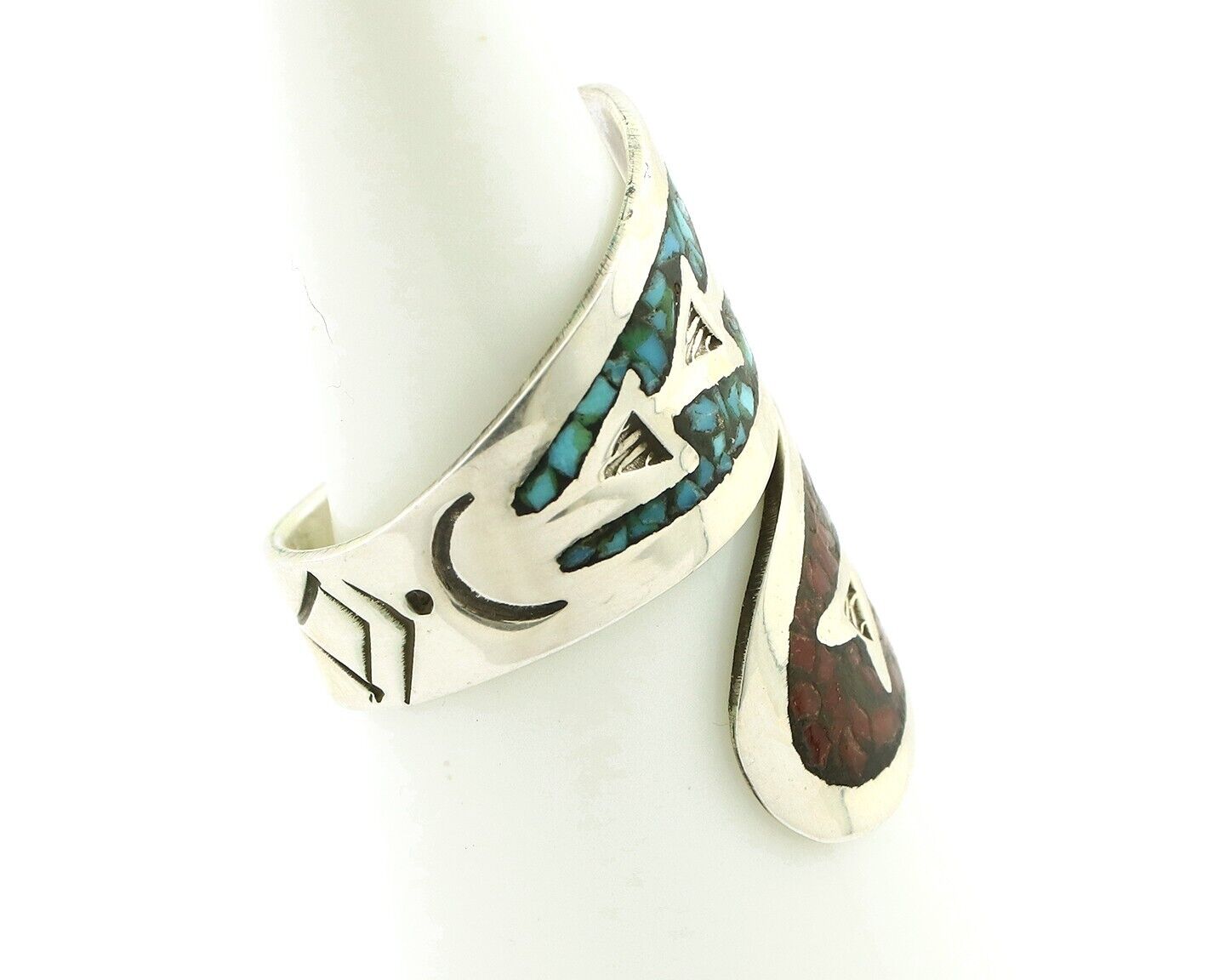 Navajo Chip Inlay Ring 925 Silver Turquoise & Coral Artist Native Artist C.80's