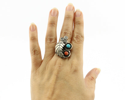 Navajo Ring .925 Silver Turquoise & Coral Native American Artist C.1980's