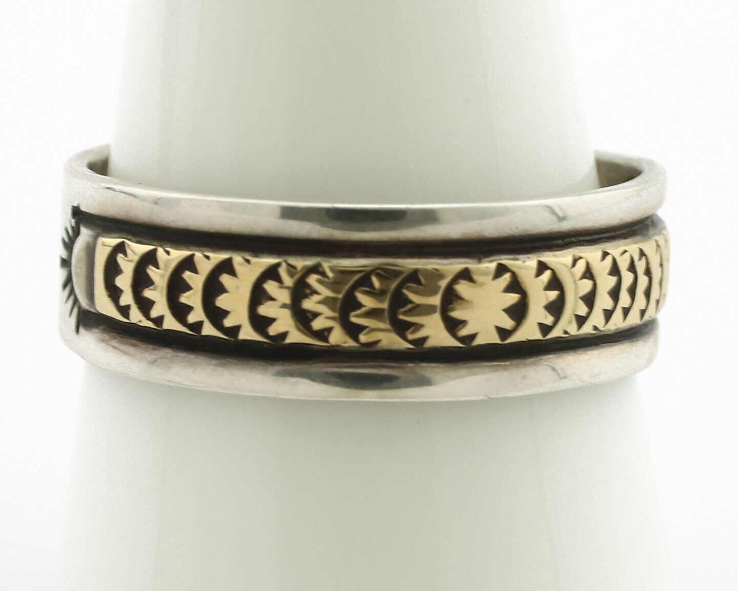 Navajo Ring 925 Silver & Solid 14k Yellow Gold Artist Signed E Hand Stamped C80s