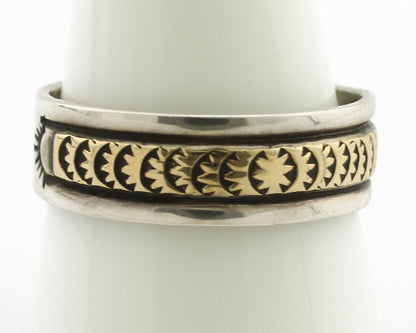 Navajo Ring 925 Silver & Solid 14k Yellow Gold Artist Signed E Hand Stamped C80s