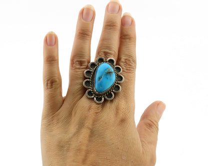 Navajo Ring .925 Silver Globe Turquoise Hand Stamped Native American Artist C80s