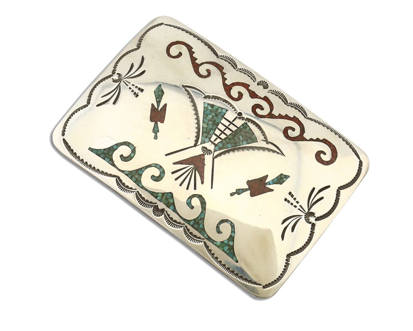 Navajo Belt Buckle .925 Silver Handmade Chip Inlay Artist Signed Bee Gay C.80's