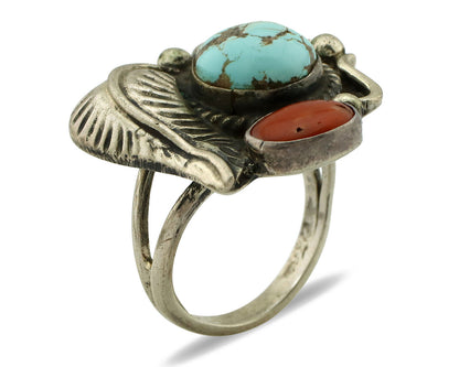Navajo Ring 925 Silver Coral & Globe Turquoise Native American Artist C.80's
