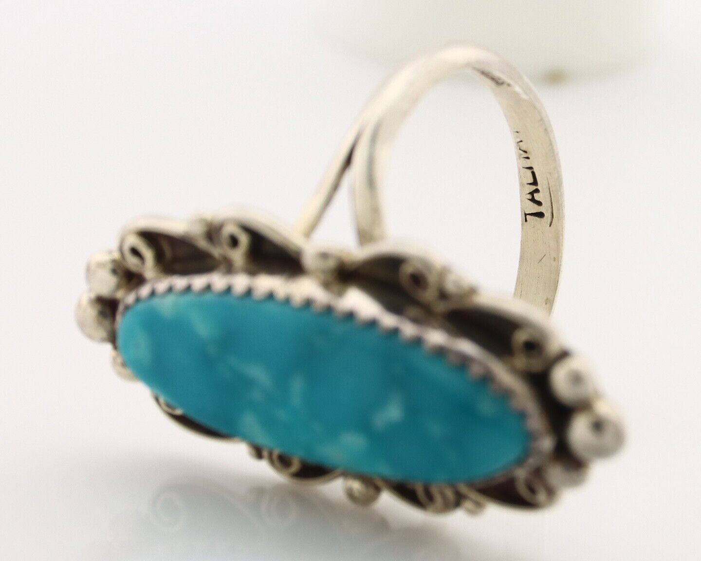 Navajo Ring 925 Silver Blue Gem Turquoise Artist Signed TALHAT C.80's