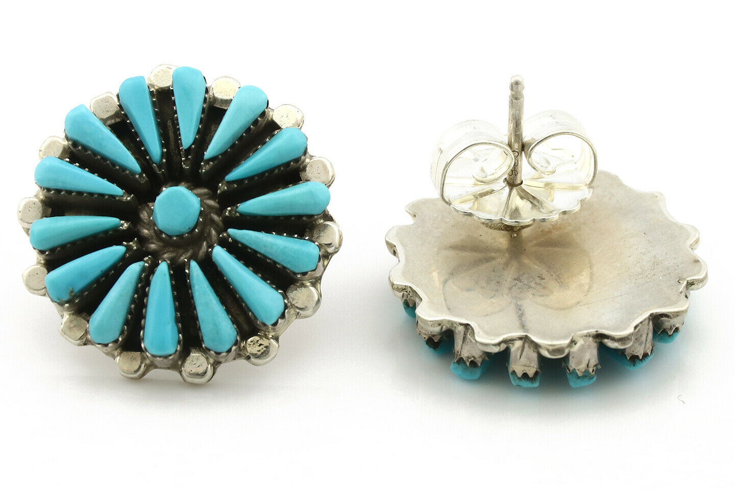 Zuni Earrings .925 Silver Petti Point Natural Blue Turquoise Native Artist C.80s