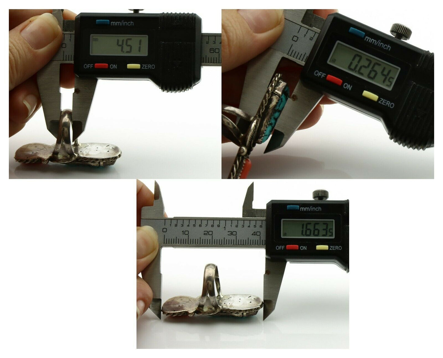 Navajo Ring .925 Silver Turquoise & Coral Native American Artist C.1980's