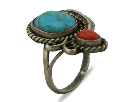 Navajo Ring .925 Silver Turquoise & Coral Native American Artist C.1975's