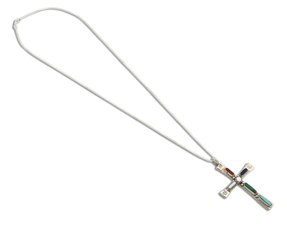 Zuni Handmade Cross Necklace 925 Silver Natural Gemstone Signed C. IULE C.80's