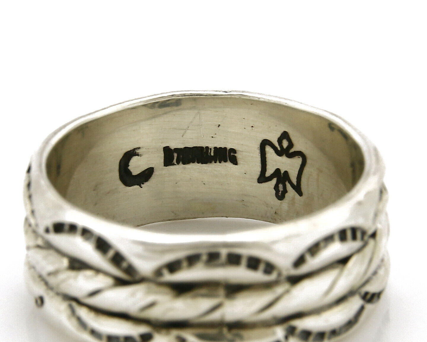 Navajo Ring .925 Silver Handmade Hand Stamped 3 Row Rope Band C.1980's Size 10