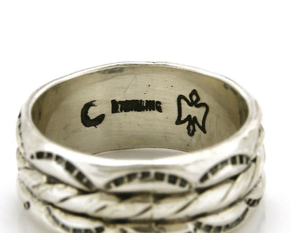 Navajo Ring .925 Silver Handmade Hand Stamped 3 Row Rope Band C.1980's Size 10
