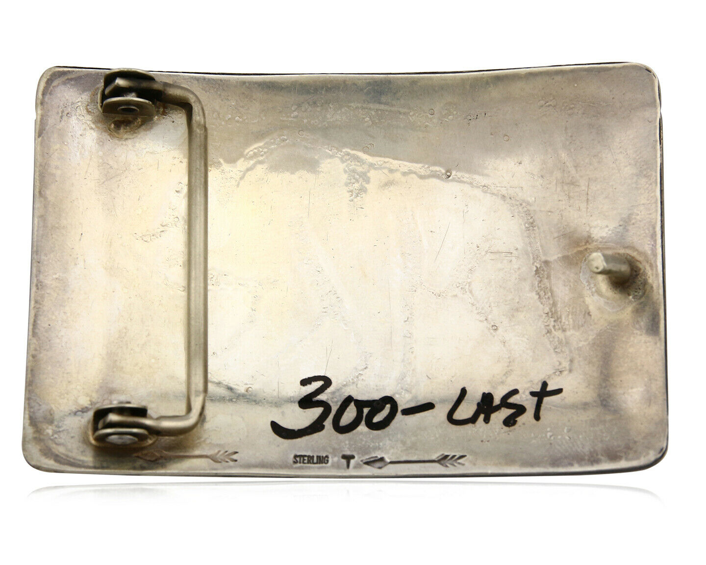 Navajo Belt Buckle .925 Silver Hand Stamped Overlay Signed T Arrow C.80's