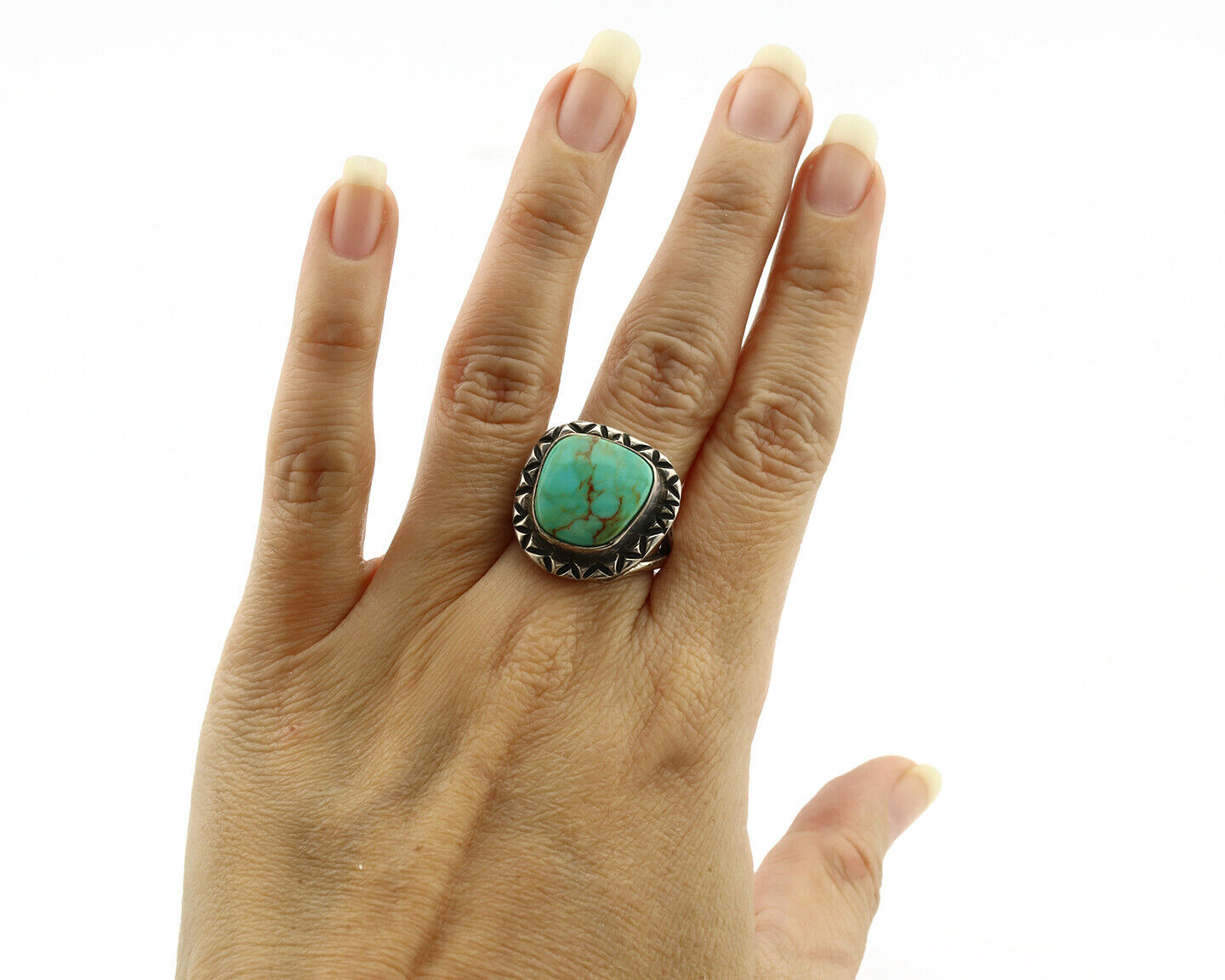 Navajo Ring .925 Silver Kingman Turquoise Artist Signed Gecko C.1980's