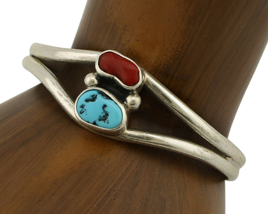 Navajo Bracelet .925 Silver Coral & Turquoise Artist Native American Artist C.90